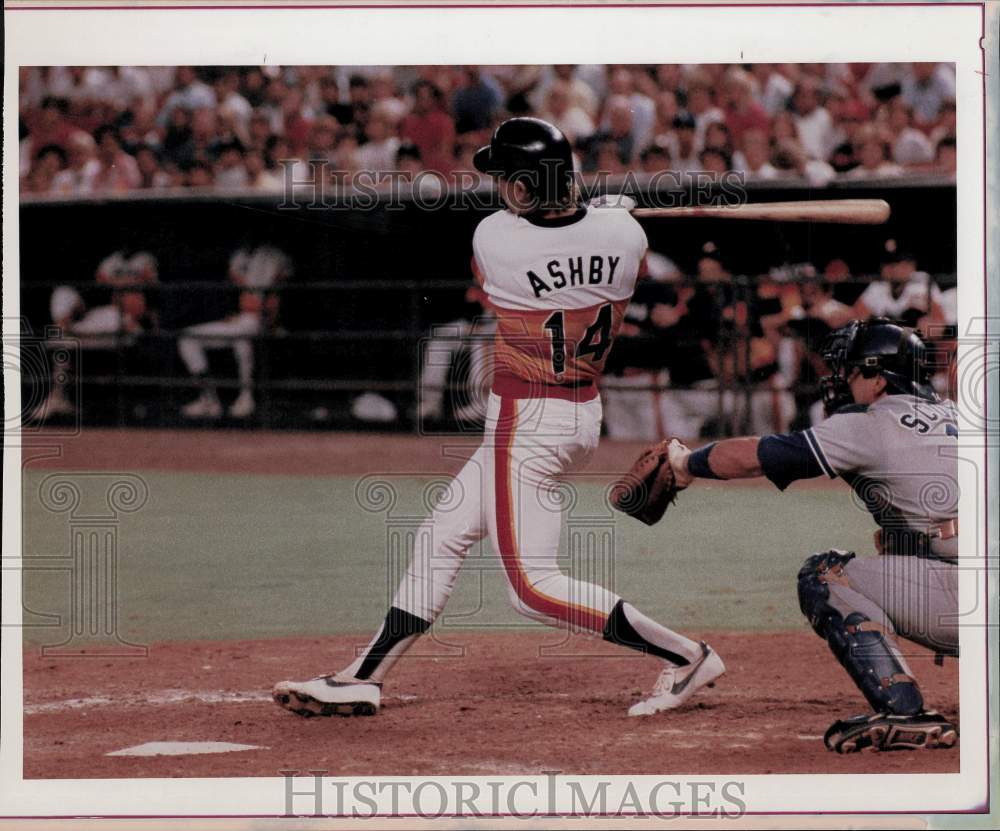 1986 Press Photo Astros Baseball Player Alan Ashby Hits Double against Dodgers- Historic Images