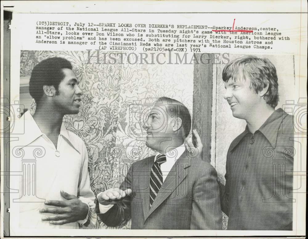 1971 Press Photo Sparky Anderson &amp; pitchers Don Wilson, Larry Dierker in Detroit- Historic Images