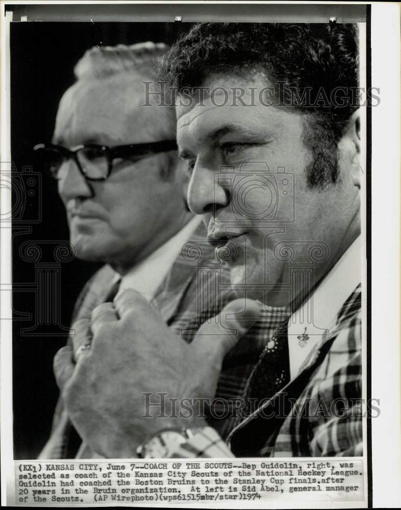 1974 Press Photo Kansas City Scouts hockey coach Bep Guidolin, GM Sid Abel- Historic Images