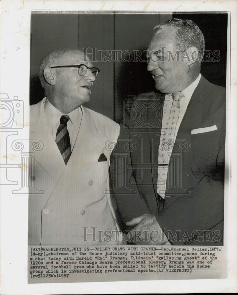 1957 Press Photo &quot;Red&quot; Grange chats with Representative Emanuel Celler in D.C.- Historic Images