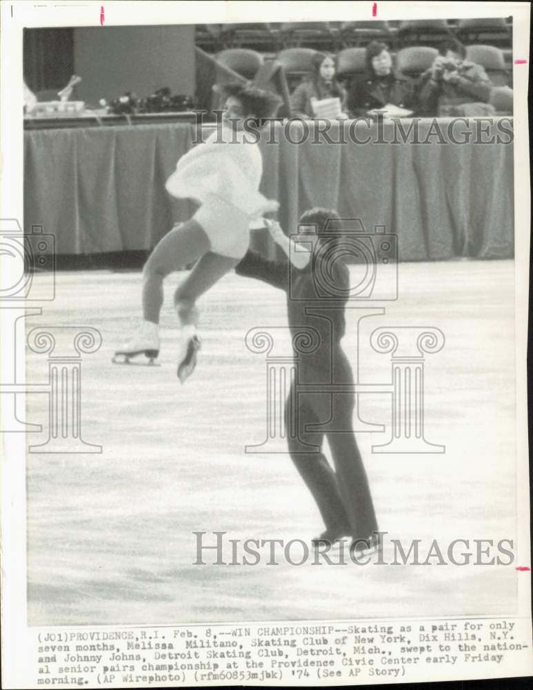 1974 Press Photo Figure skaters Melissa Militano, Johnny Johns in Providence, RI- Historic Images