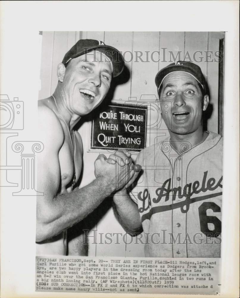 1959 Press Photo Los Angeles Dodgers Gil Hodge, Carl Furillo in San Francisco- Historic Images