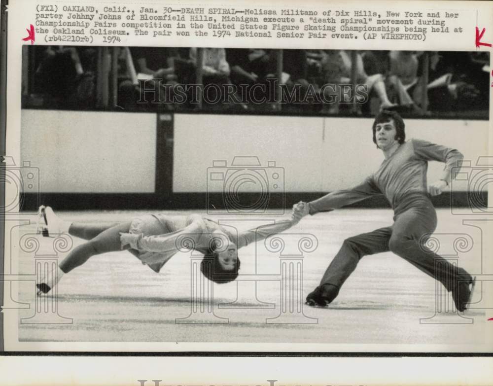 1974 Press Photo Pairs skaters Melissa Militano and Johnny Johns in Oakland, CA- Historic Images