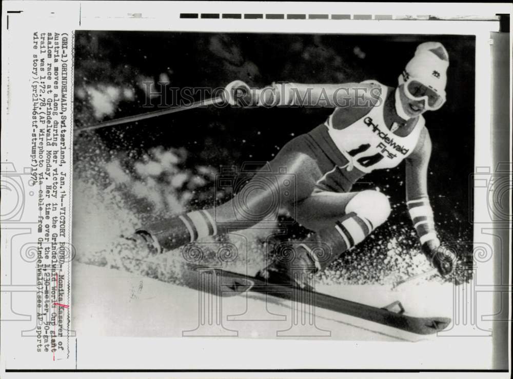 1974 Press Photo Slalom Skier Monika Kaserer Competes in Grindelwald World Cup- Historic Images