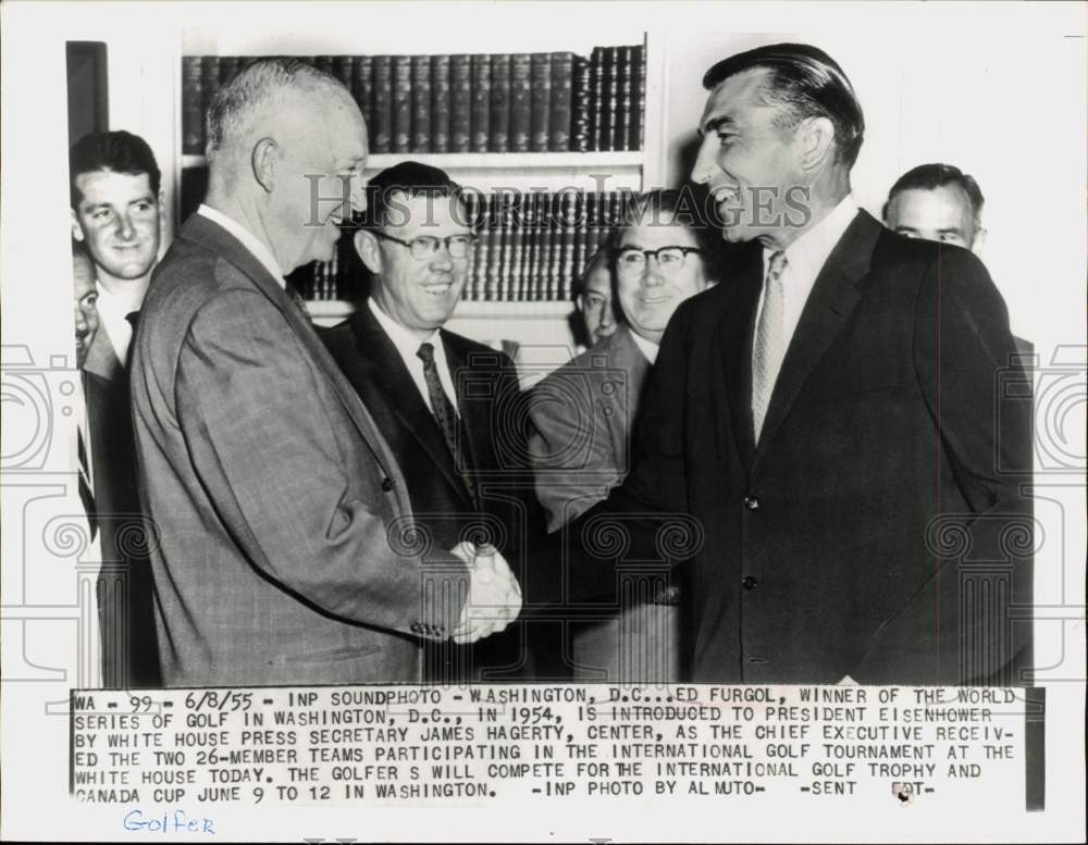 1955 Press Photo Pro Golfer Ed Furgol meets President Dwight Eisenhower in D.C.- Historic Images