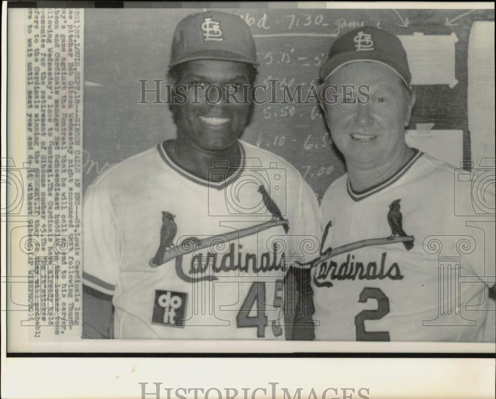 Press Photo St. Louis Cardinals pitcher Bob Gibson, manager Red Schoendienst- Historic Images