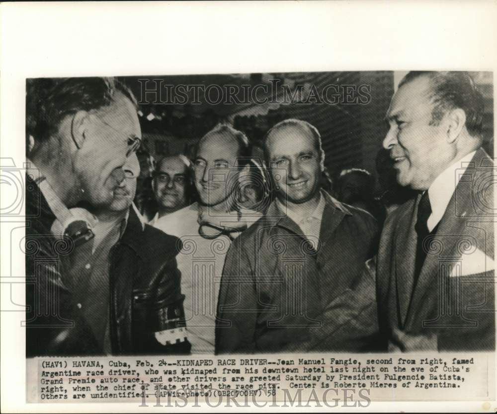 1958 Press Photo Race driver Jean Fangio and Fulgencio Batista in Havana, Cuba- Historic Images