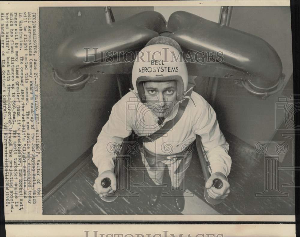 1968 Press Photo William Suitor wears mock-up of Jet Flying Belt in Washington- Historic Images