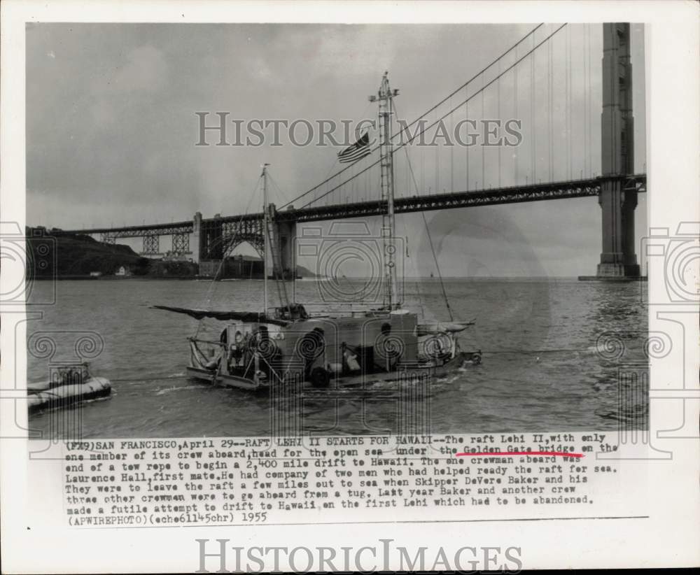 1955 Press Photo Raft heads for sea under Golden Gate Bridge in San Francisco