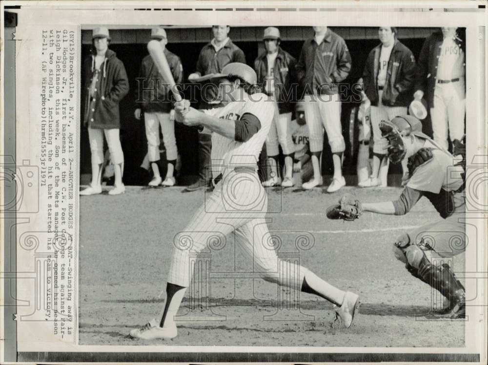 1971 Press Photo C.W. Post College baseball&#39;s Gil Hodges Jr. swings in New York- Historic Images