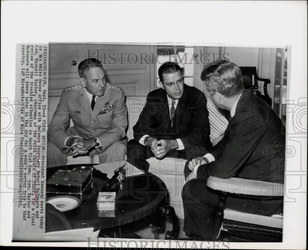 1963 Press Photo Robert McNamara, Maxwell Taylor, President Kennedy meet in D.C.- Historic Images