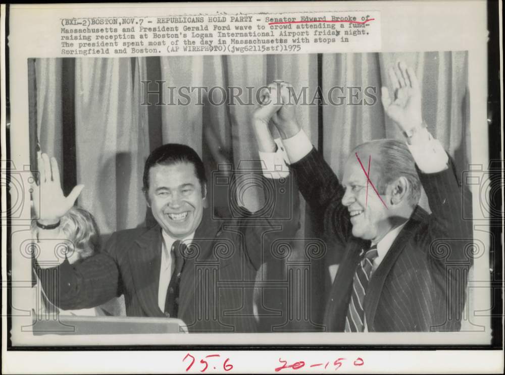 1975 Press Photo Edward Brooke and President Ford wave to Boston airport crowd.