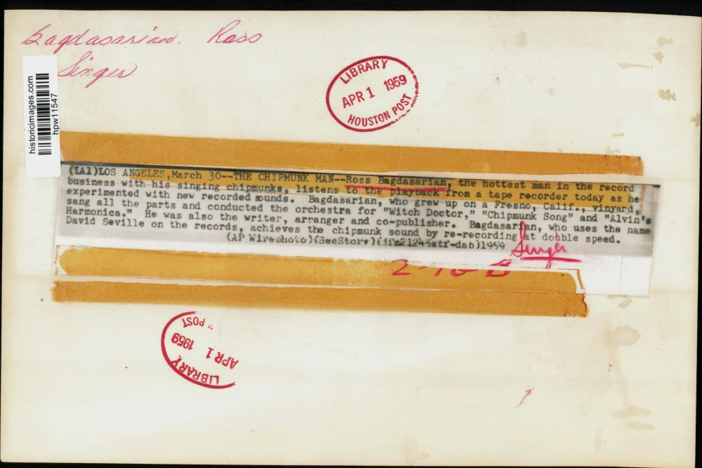 1959 Press Photo Singing chipmunks Singer Ross Bagdasarian, a.k.a. David Seville