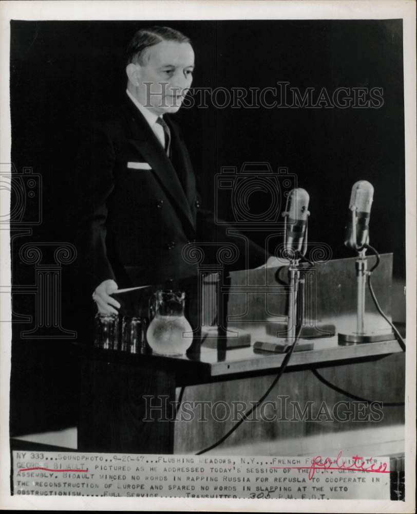 1947 Press Photo French Foreign Minister Georges Bidault at U.N., New York- Historic Images