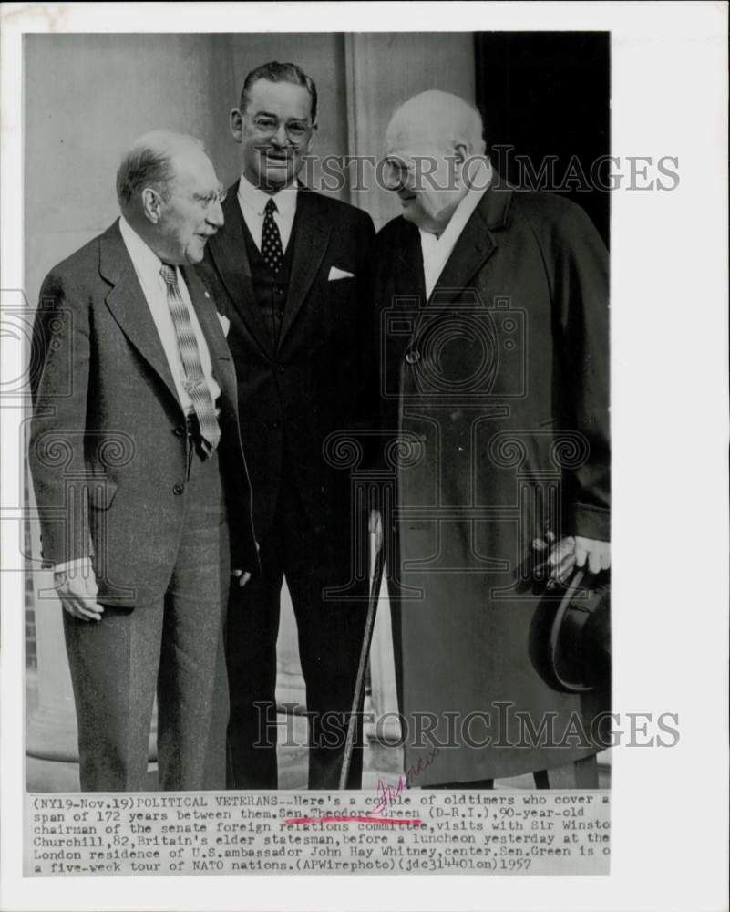 1957 Press Photo Theodore Green, Sir Winston Churchill &amp; John Hay Whitney, UK- Historic Images