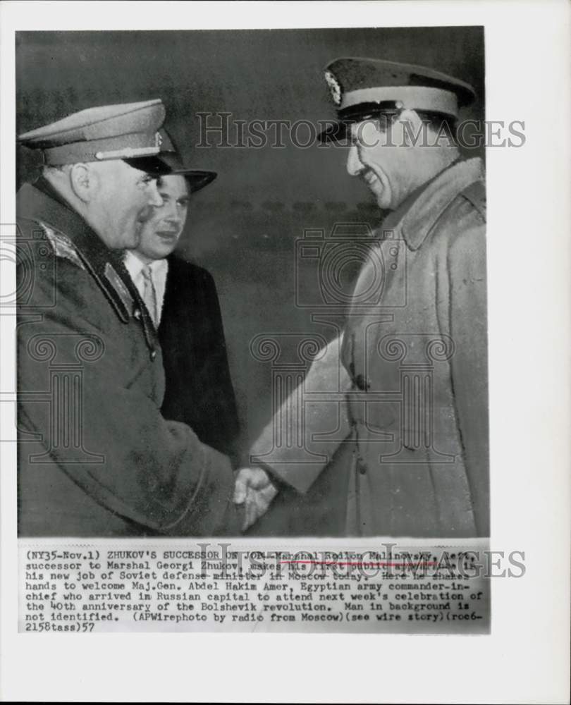 1957 Press Photo Marshal Rodion Malinovsky & Maj. Gen. Abdel Hakim Amer, Russia- Historic Images