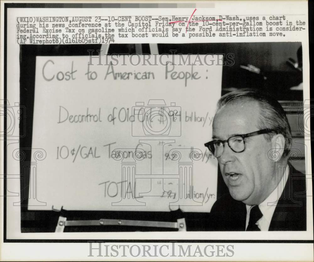 1974 Press Photo Sen. Henry Jackson talks on Federal Excise Tax increase, DC- Historic Images