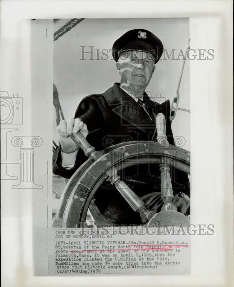 1959 Press Photo Adm. Donald B. MacMillan on his schooner in Falmouth.- Historic Images