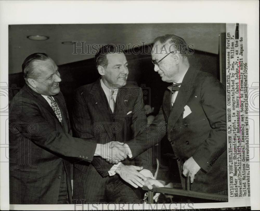 1956 Press Photo Henry Cabot Lodge, Mamoru Shigemitsu, William Knowland at UN.- Historic Images