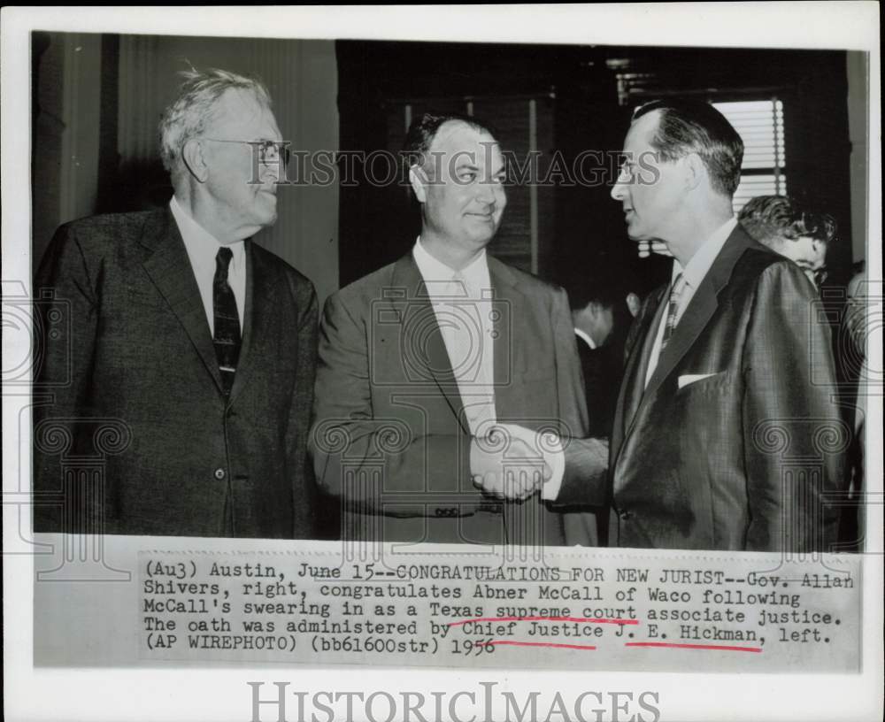 1956 Press Photo Allan Shivers congratulates Abner McCall after oath in Austin.- Historic Images