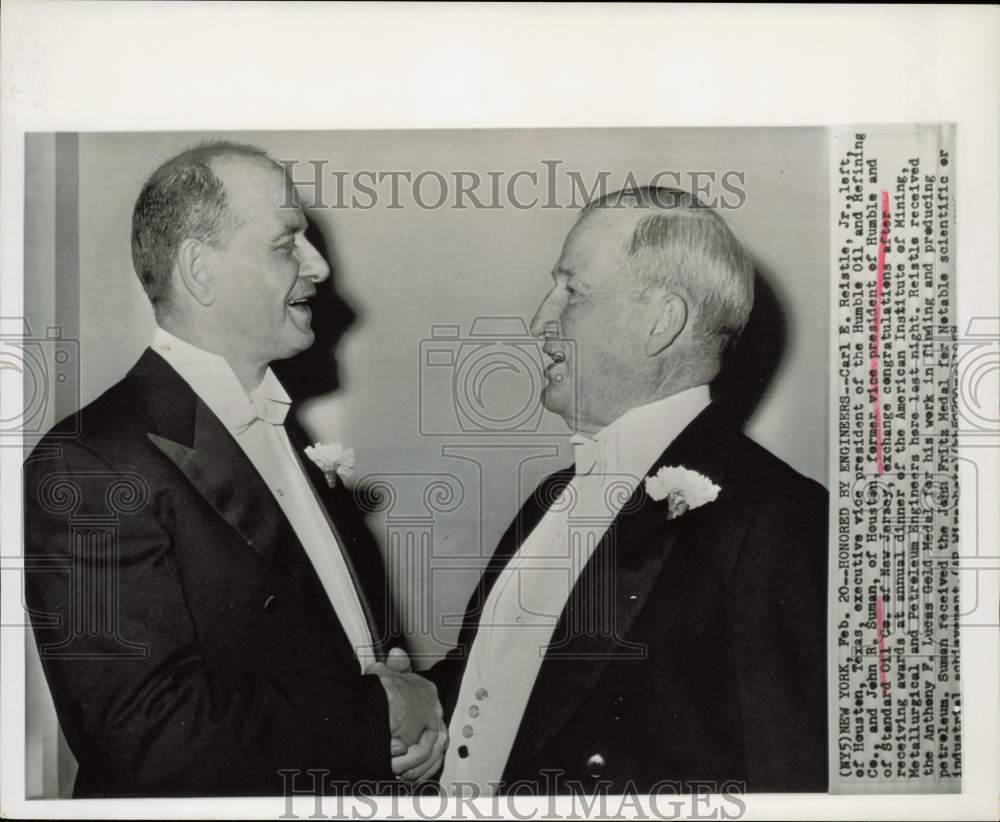 1958 Press Photo Carl Reistle and John Suman of Humble Oil, honored in New York.- Historic Images