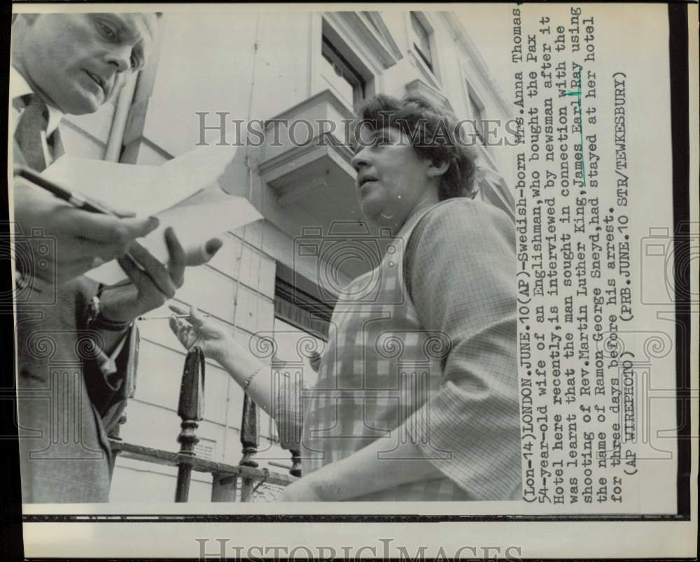 1968 Press Photo Anna Thompson tells of James Earl Ray's stay at London hotel- Historic Images