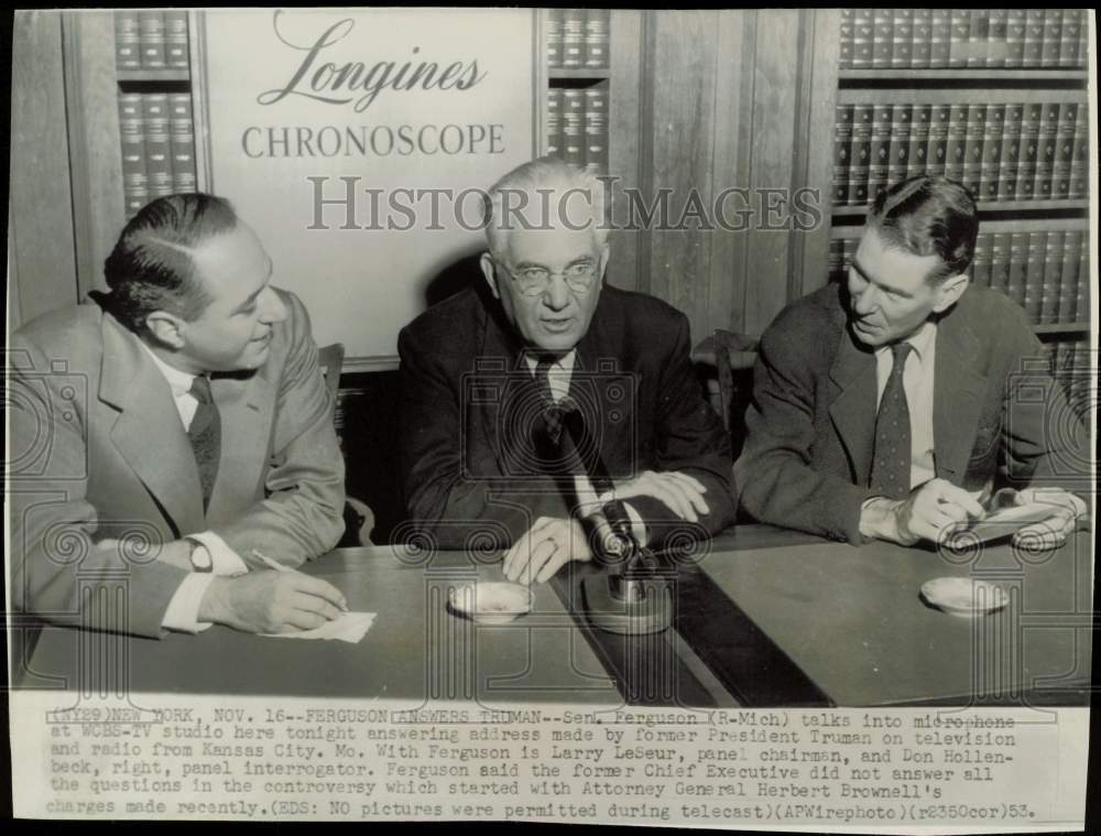 1953 Press Photo Senator Ferguson talks with WCBS-TV panel officials in New York- Historic Images