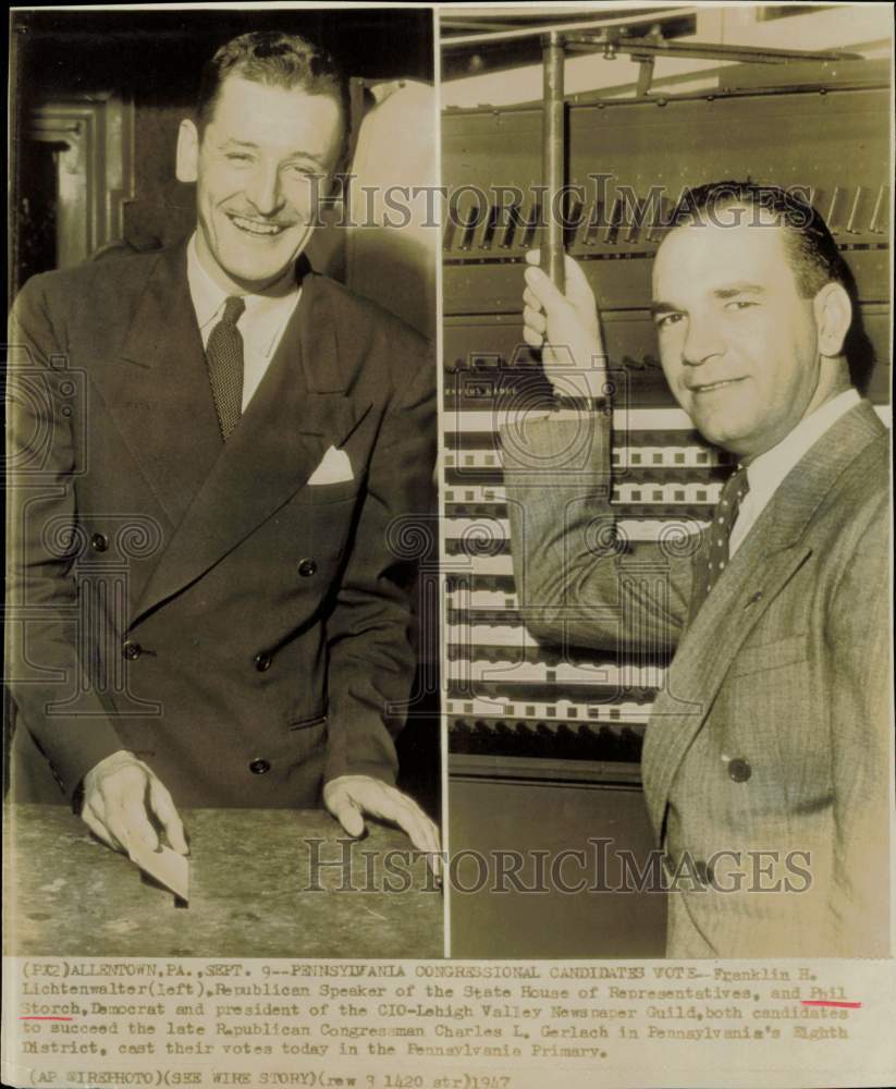 1947 Press Photo Franklin Lichtenwalter and Phil Storch voting in Pennsylvania.- Historic Images