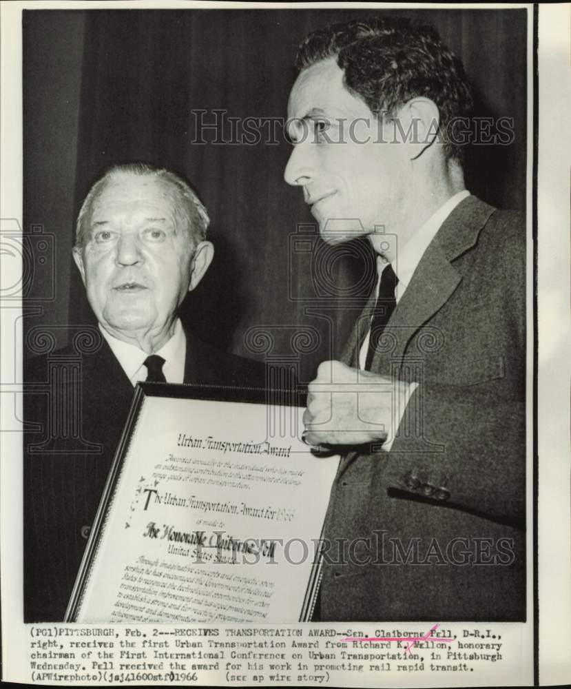 1966 Press Photo Senator Claiborne Pell presented award by Richard Mellon in PA- Historic Images