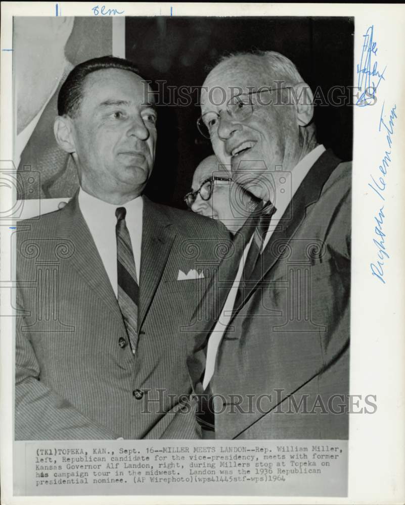 1964 Press Photo William Miller and Alf Landon greet in Topeka, Kansas.- Historic Images