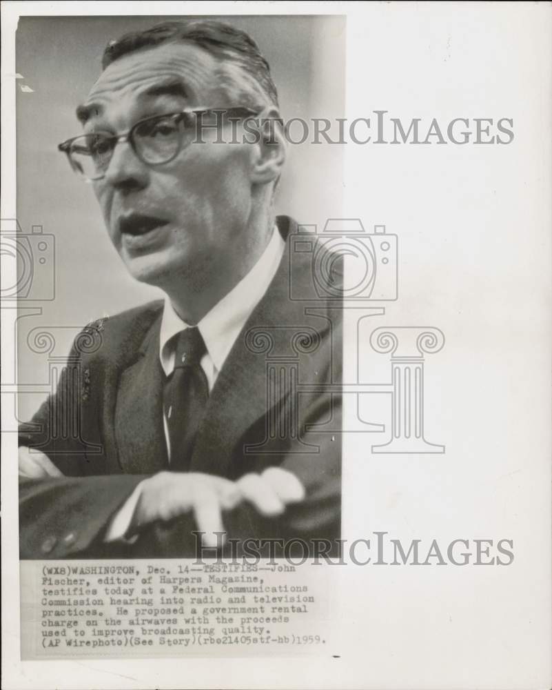 1959 Press Photo John Fischer, Harpers Magazine editor, testifies at FCC hearing- Historic Images