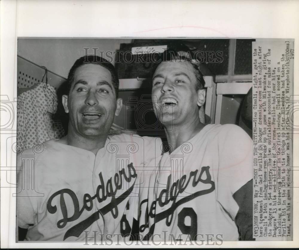 1957 Press Photo Gino Cimoli with Carl Furillo, Dodgers Baseball in New York- Historic Images