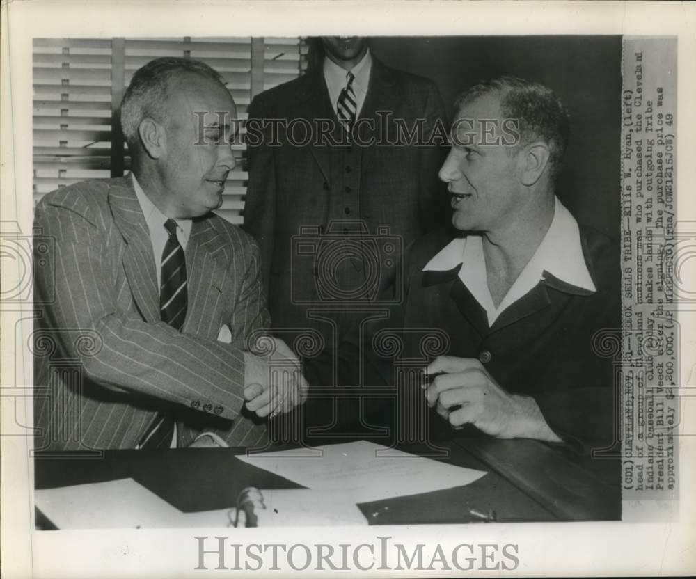 1949 Press Photo Cleveland Indian Baseball Club Sale, Ellie W. Ryan, Bill Veeck- Historic Images