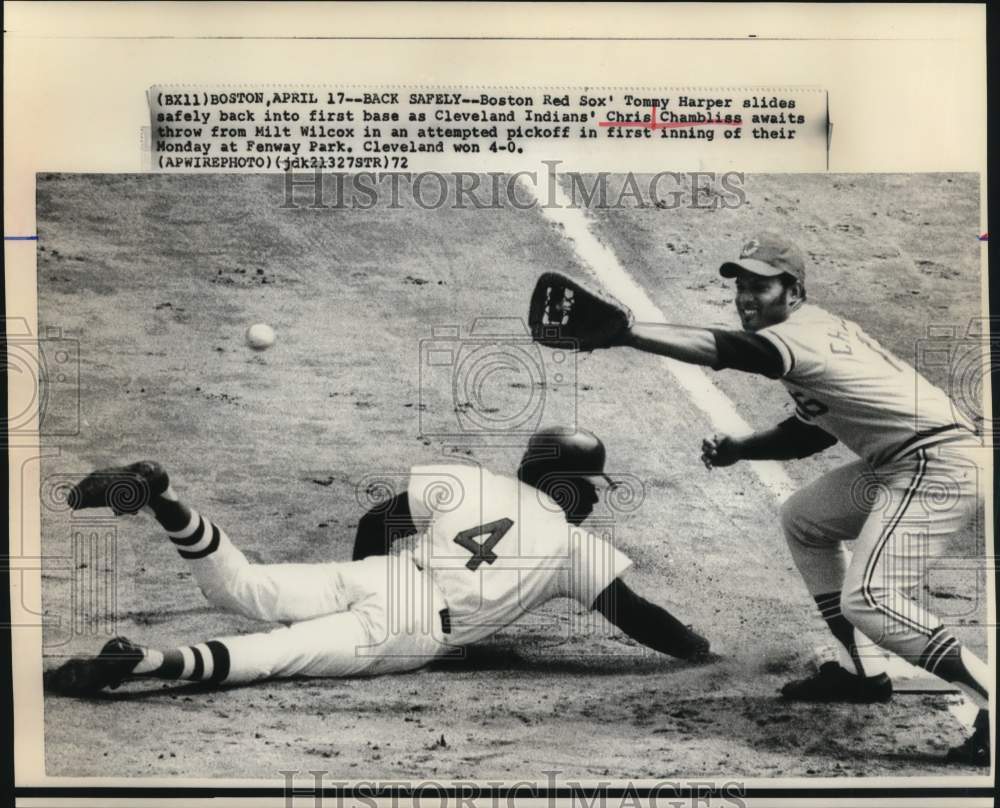 1972 Press Photo Tommy Harper, Chris Chambliss in Red Sox vs. Indians Baseball- Historic Images