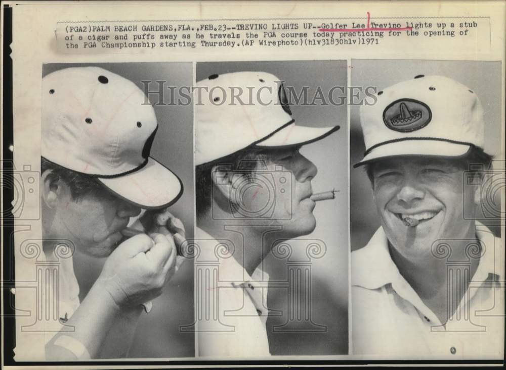 1971 Press Photo Golfer Lee Trevino smokes cigar at Palm Beach Gardens, Florida- Historic Images