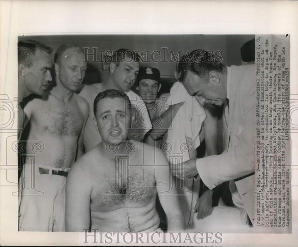 1958 Press Photo Cardinal Physician I.C. Middleman inoculates Billy Muffett- Historic Images