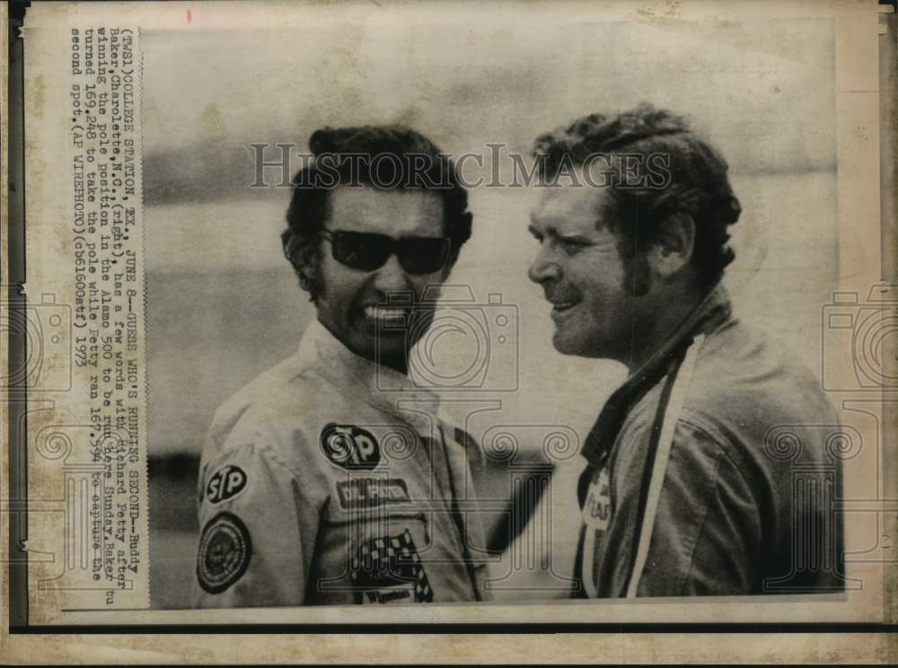 1973 Press Photo Buddy Baker and Richard Petty after Alamo 500 Car Race in Texas- Historic Images