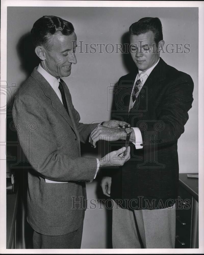 1954 Press Photo Football Star Dick Moegle gifted Watch at Event - hpx02094- Historic Images