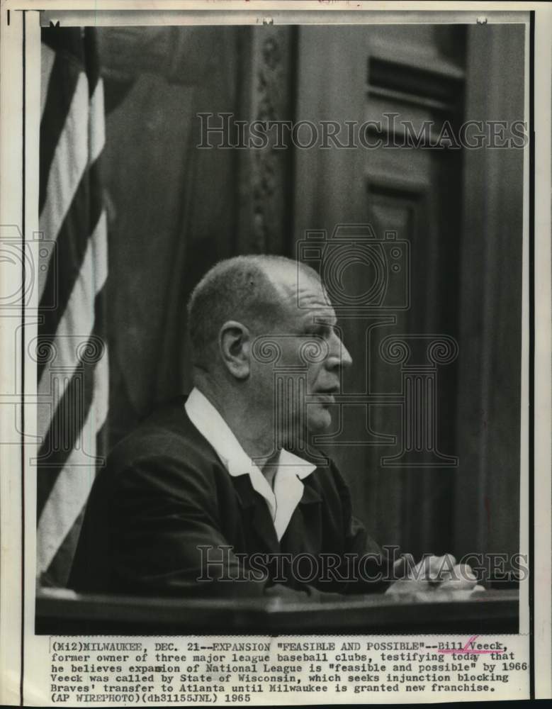 1965 Press Photo Bill Veeck, former Baseball Club Owner testifies in Milwaukee- Historic Images