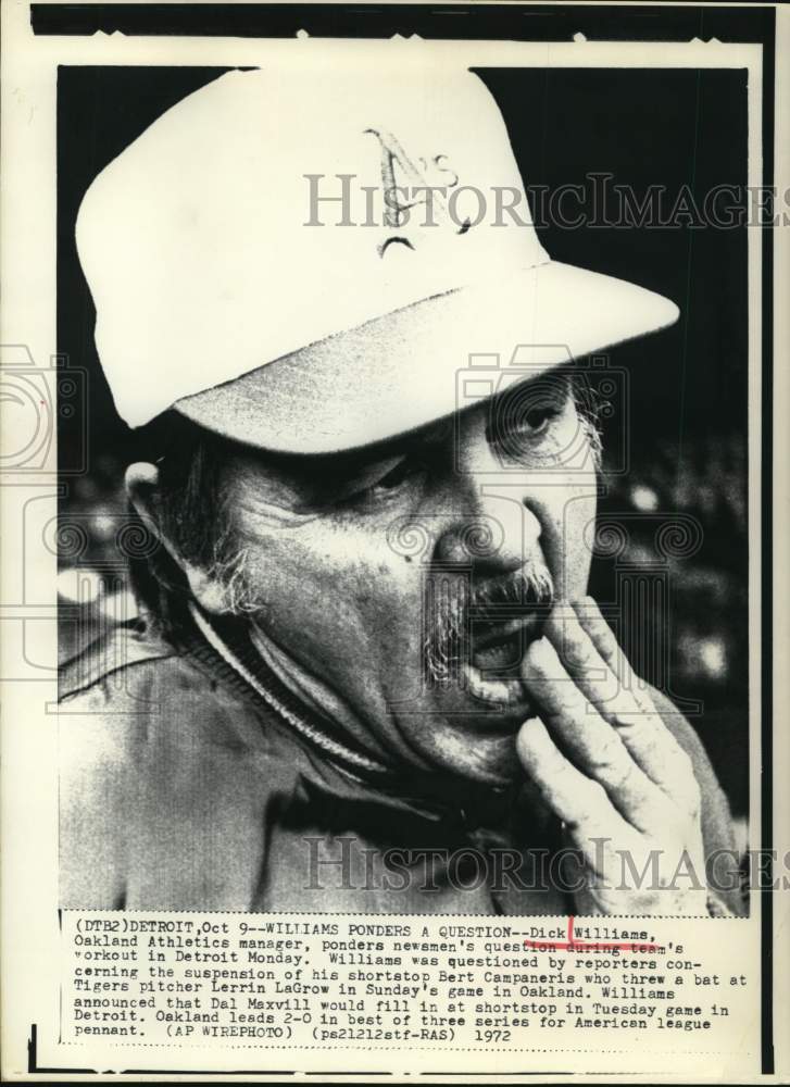 1972 Press Photo Dick Williams, Oakland Athletics Baseball Manager in Detroit- Historic Images