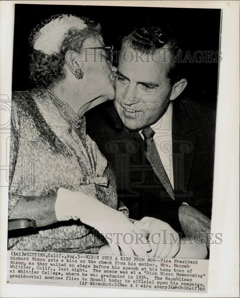 1960 Press Photo VP Richard Nixon gets kiss from mom at his hometown in Whittier- Historic Images