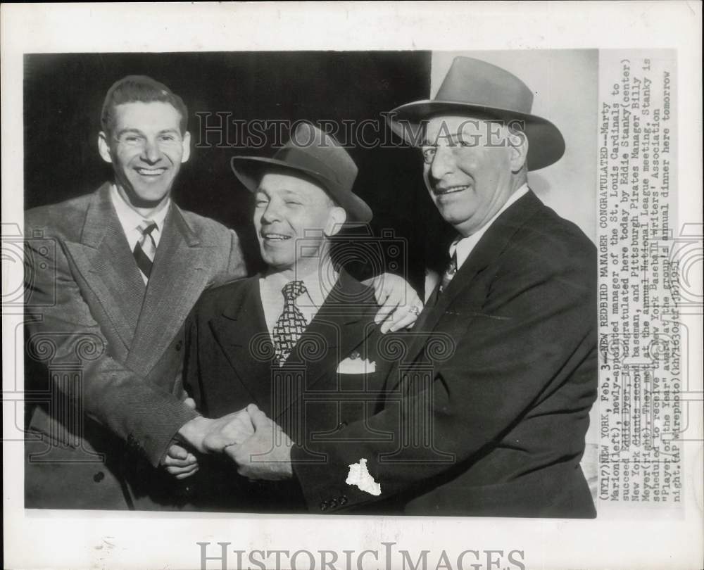 1951 Press Photo New Cardinals baseball manager Martin Marion commended in NY- Historic Images