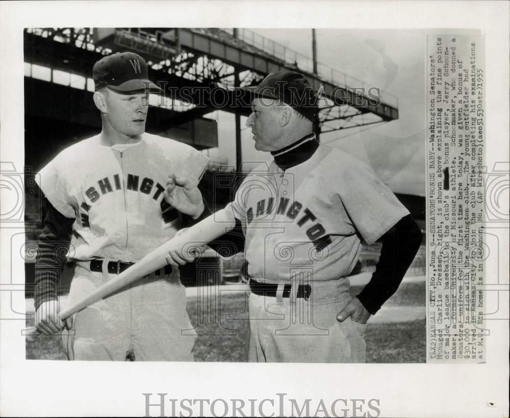 1955 Press Photo Senators' Jerry Schoonmaker, Baseball Manager Charlie Dressen- Historic Images