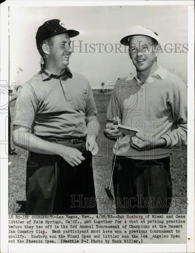 1955 Press Photo Golfers Bob Rosburg &amp; Gene Littler chat before teeing off in NV- Historic Images