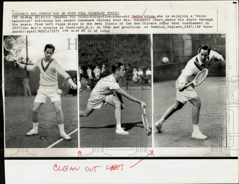 1973 Press Photo Tennis player Bobby Riggs in action through the years- Historic Images