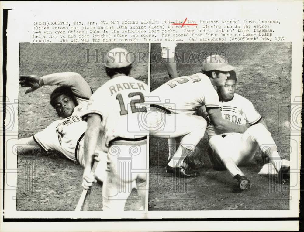 1972 Press Photo Astros' Lee May slides across plate and Doug Rader helps him- Historic Images