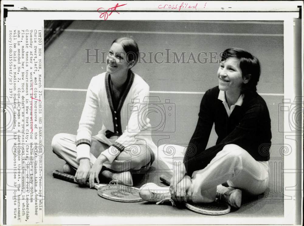 1973 Press Photo Tennis players Chris Evert &amp; Olga Morozova after workout in NY- Historic Images