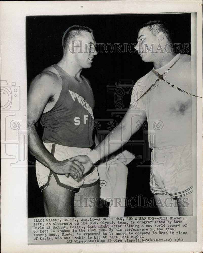 1960 Press Photo Dave Davis congratulates Bill Nieder at California meet- Historic Images