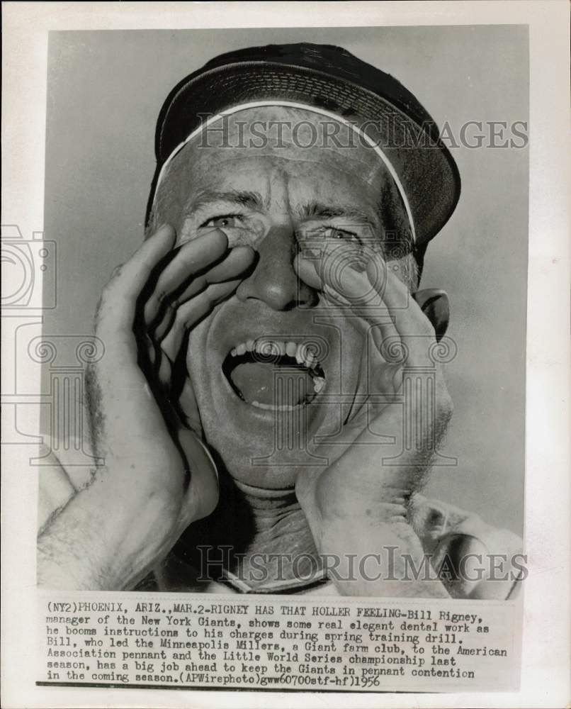 1956 Press Photo Giants baseball manager Bill Rigney booms instructions in AZ- Historic Images