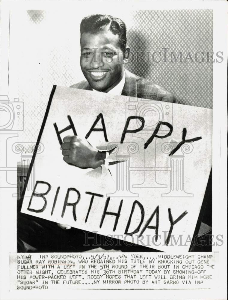 1957 Press Photo Boxing champion Sugar Ray Robinson celebrates his 36th birthday- Historic Images